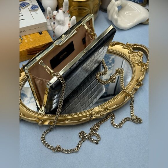 🆕 JASON WU 🧿 NWOT Black Croc Embossed Leather Clutch, with Gold Chain Strap - Picture 11 of 16